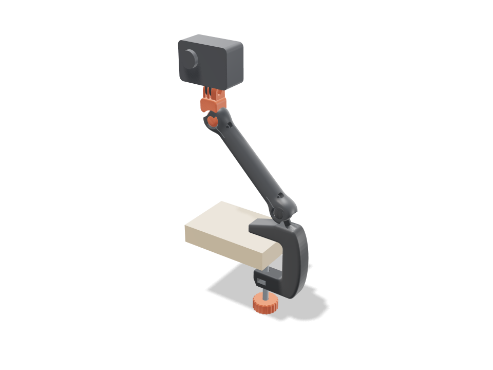 Ball-joint GoPro desk arm: 3D printable model, 148 × 34 × 294 mm