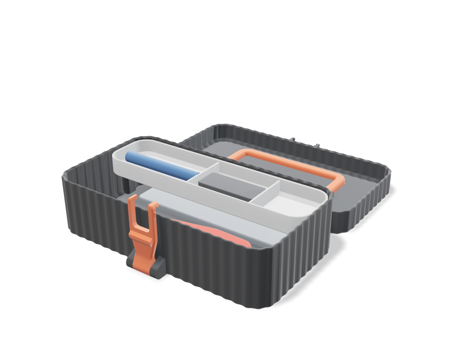 Print-in-place toolbox: 3D printable model, 200 × 246 × 60 mm