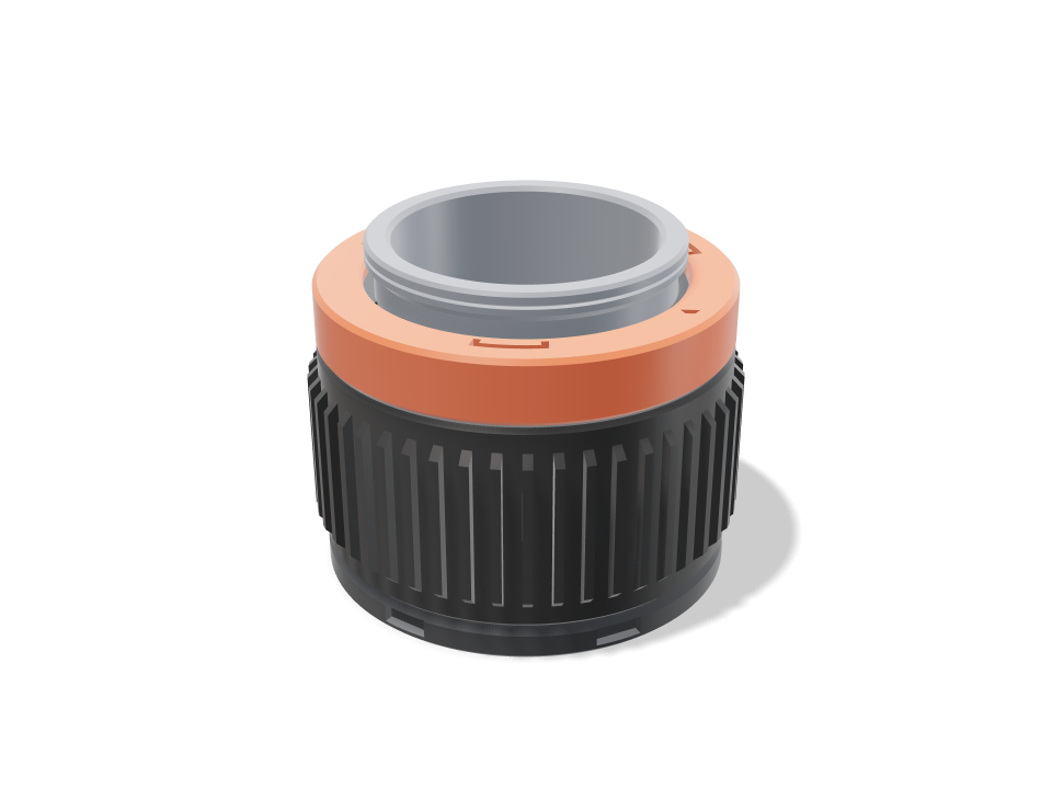 Twist-zoom lens barrel: 3D printable model, 74 × 74 × 60 mm