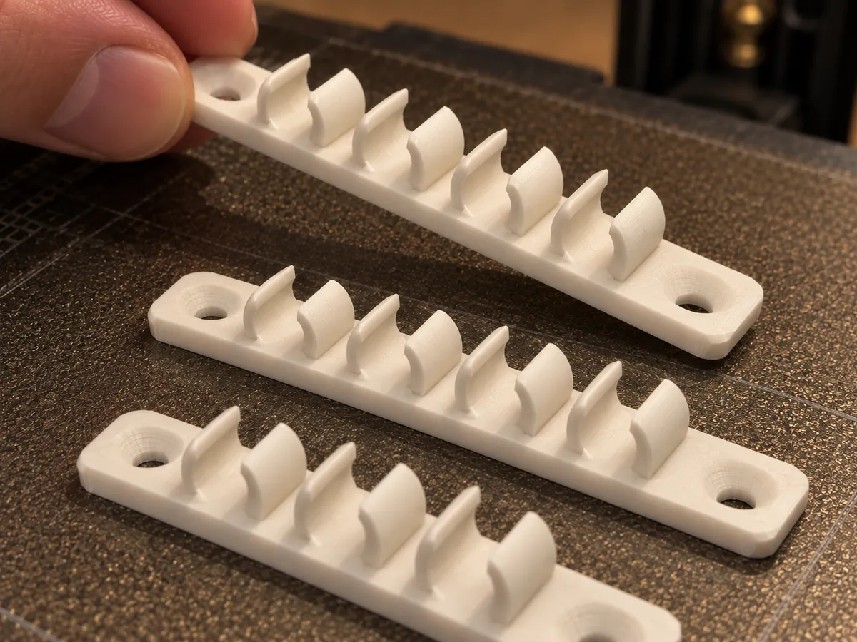 Three off-white four-channel cable clips on a textured build plate, with fingers lifting one at its end