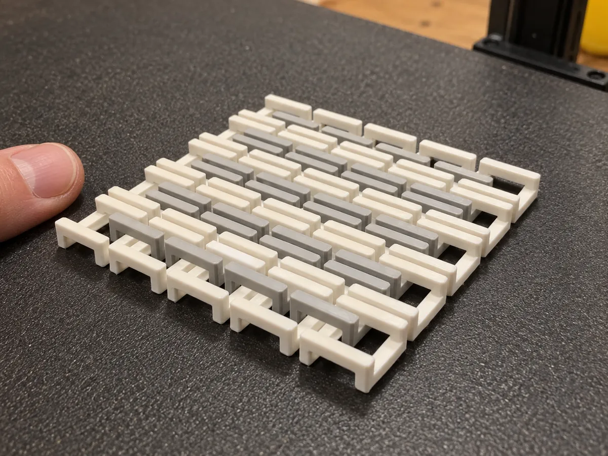 A small flat sheet of interlocking square printed links in off-white and grey lies on a textured plate