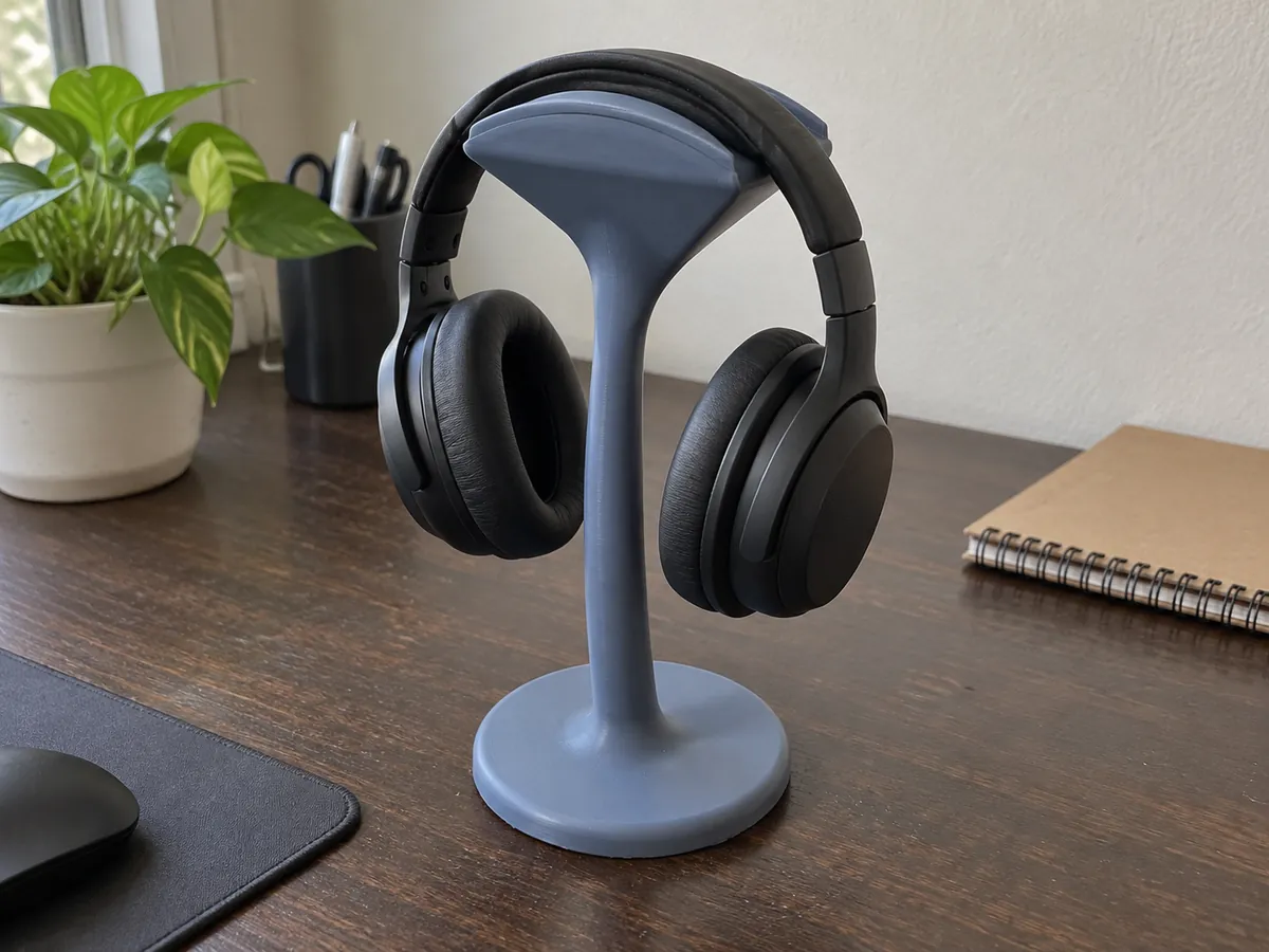 A blue sculpted printed stand with a round foot and retaining rails supports plain black headphones on a desk