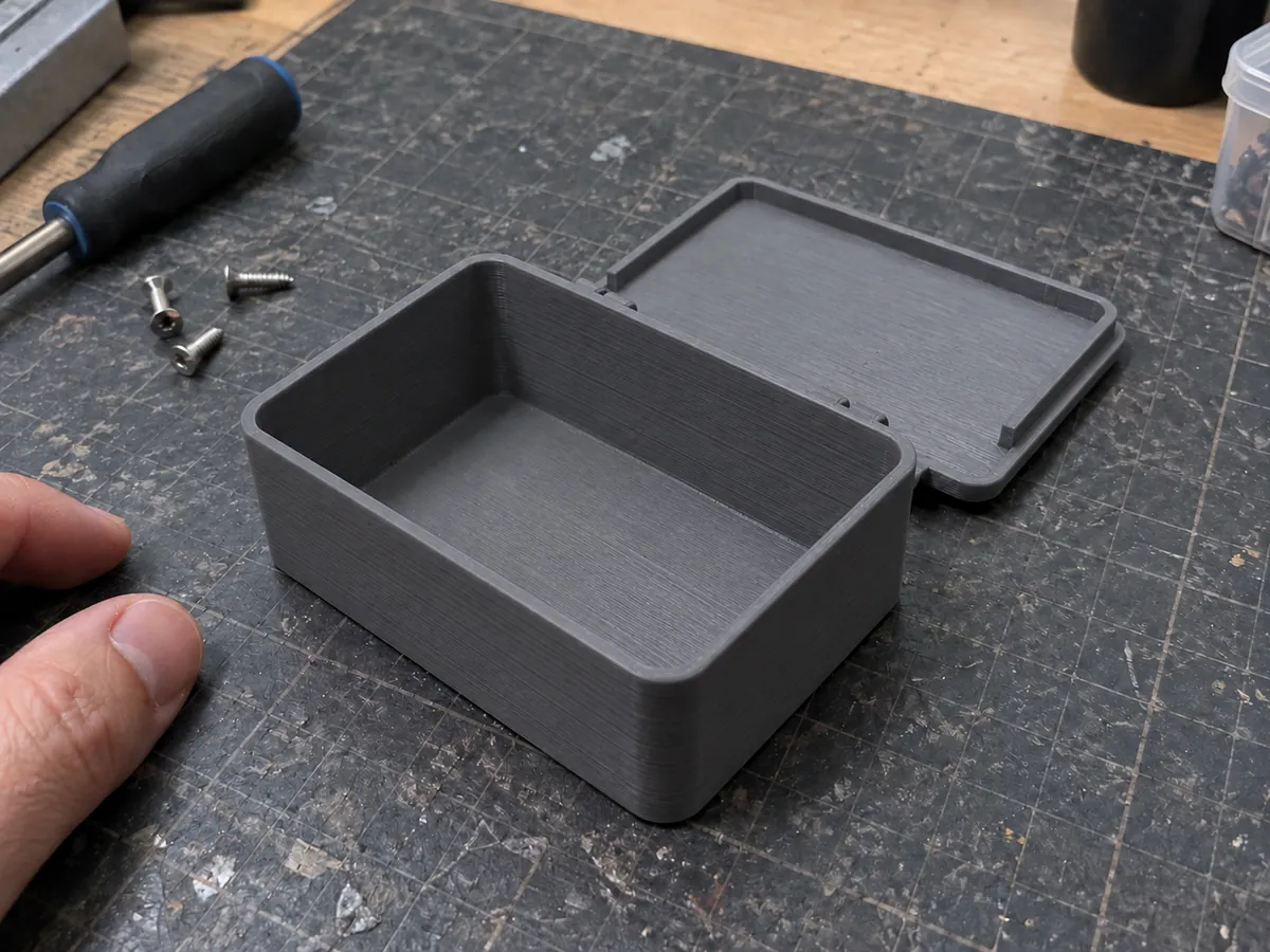 A small grey printed box lies open with its connected flat lid behind it on a cutting mat beside a hand