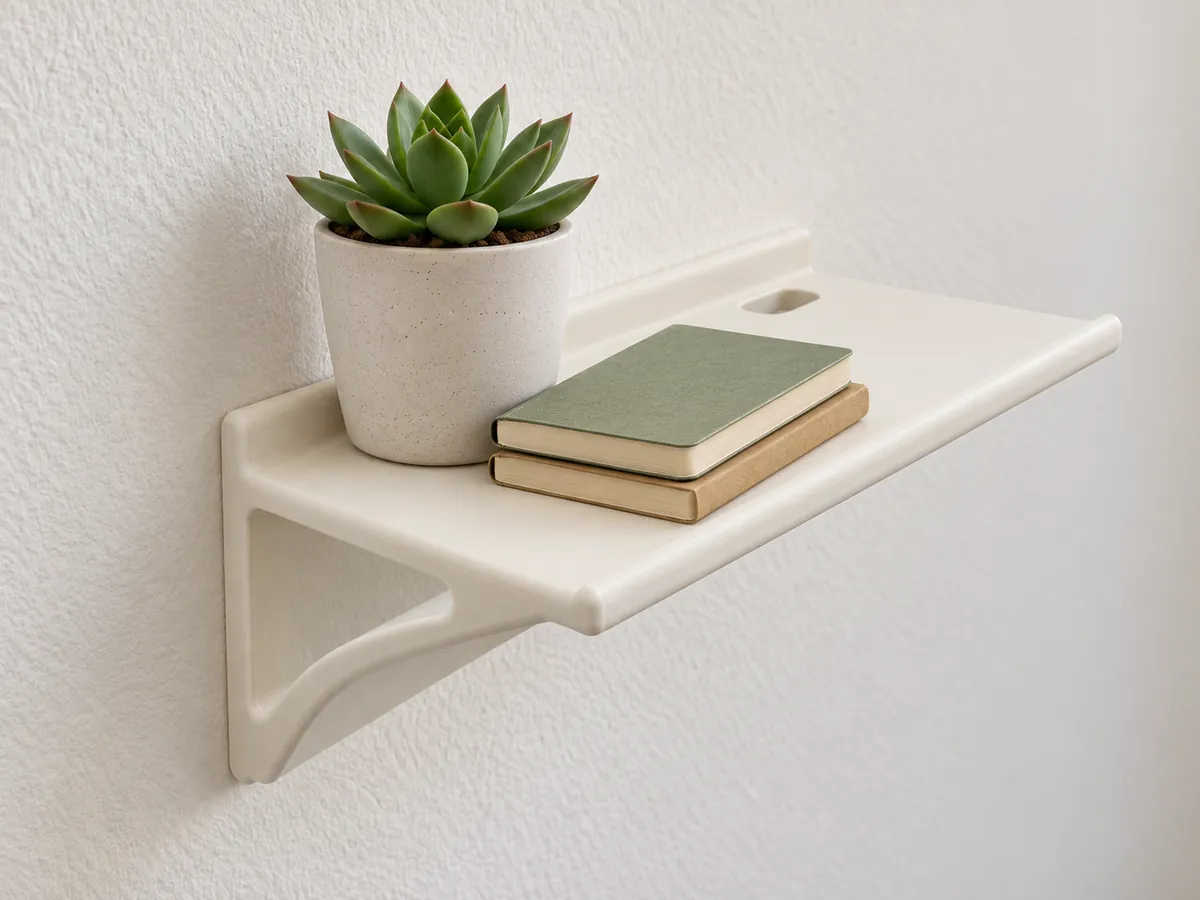 An off-white one-piece wall shelf with a curved strut and cable slot holds a tiny plant and two blank books