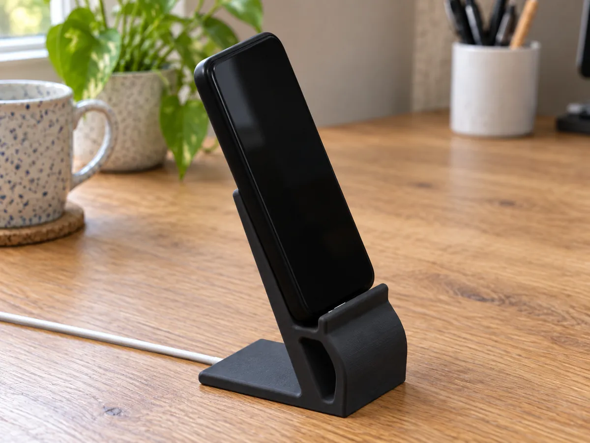 A black printed charging stand holds a blank-screen phone, with its rounded side opening visible on a wooden desk