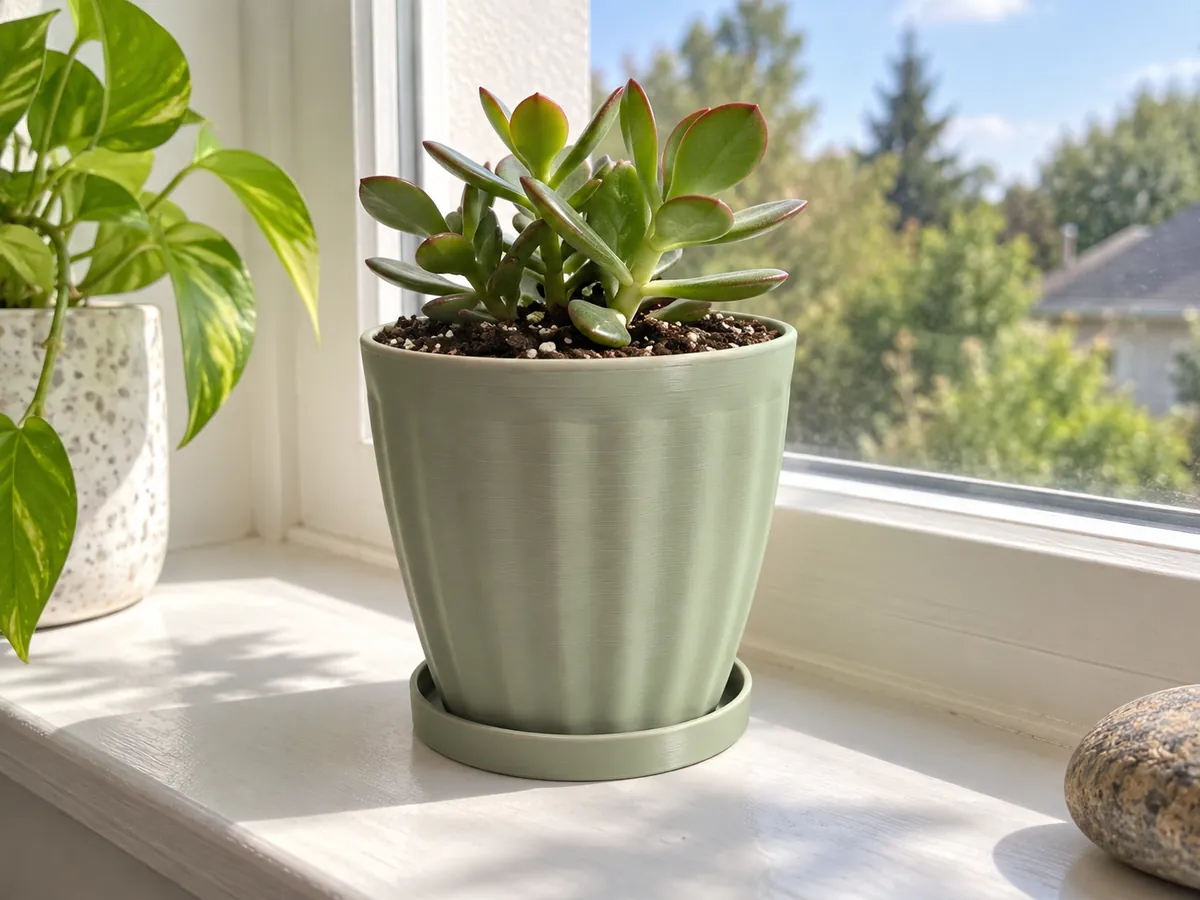 A sage-green softly fluted planter and shallow round saucer hold a succulent on a sunlit windowsill