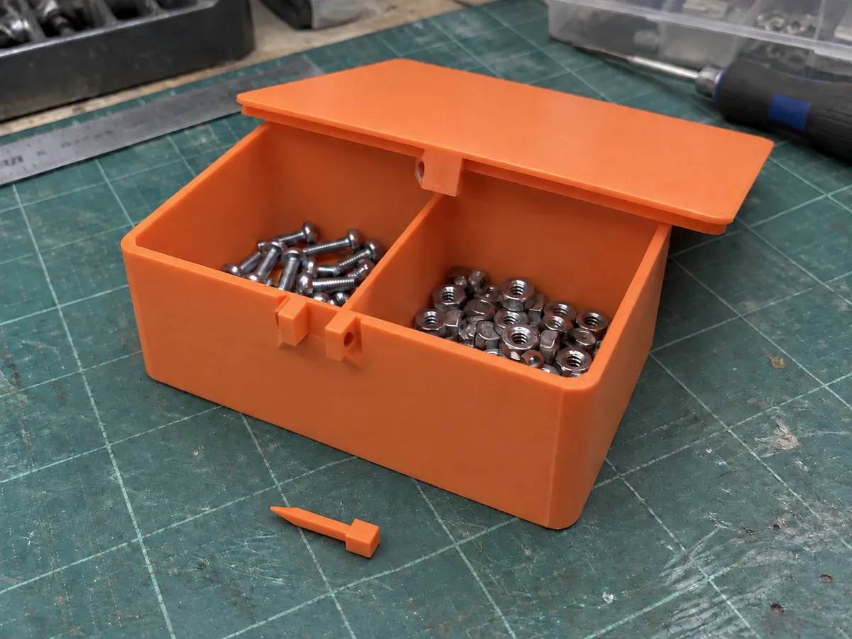 An orange printed box with two screw-filled compartments, a half-lifted lid and a loose locking pin on a cutting mat