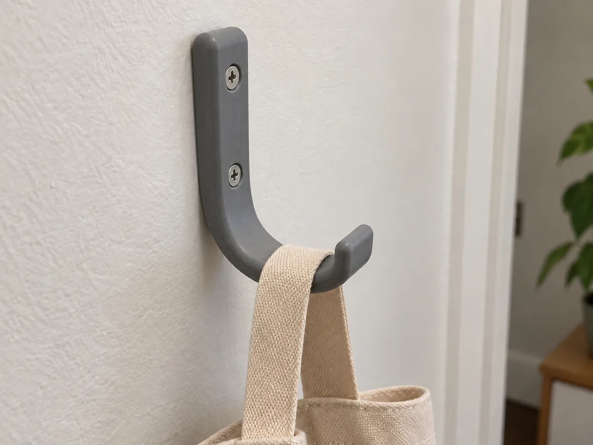 A narrow grey printed J-shaped hook with two screws holds a plain canvas tote strap against a painted wall