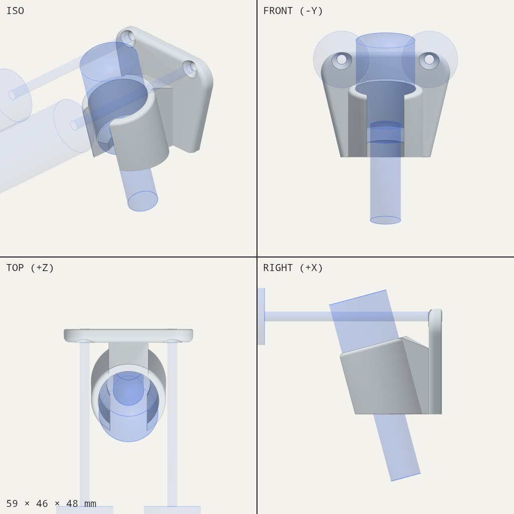Wall plate with two screw holes and a tilted open cup for a shower head, with a slot at the front