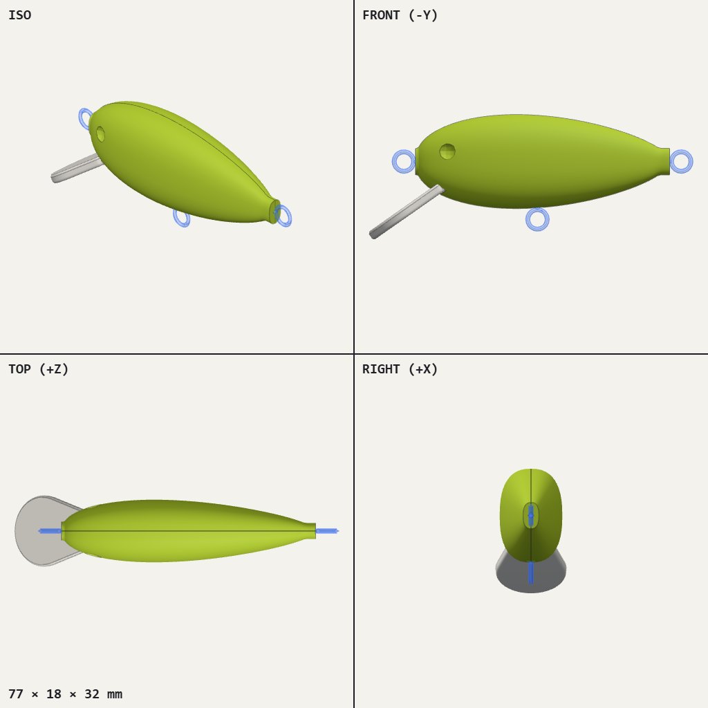 Green fish-shaped lure with a slanted lip at the front and small wire eyes on nose, belly and tail