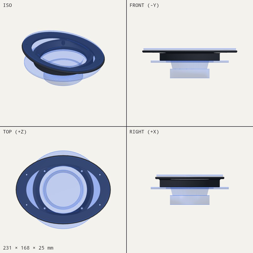 Oval mounting plate with a round speaker ring in the middle and small screw holes around the edge