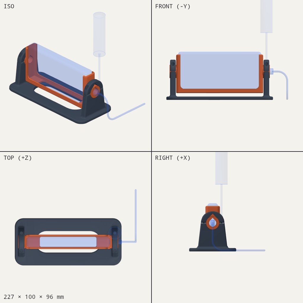 Dark base with two posts holding a pivoting orange cradle with a phone, charging cable trailing out