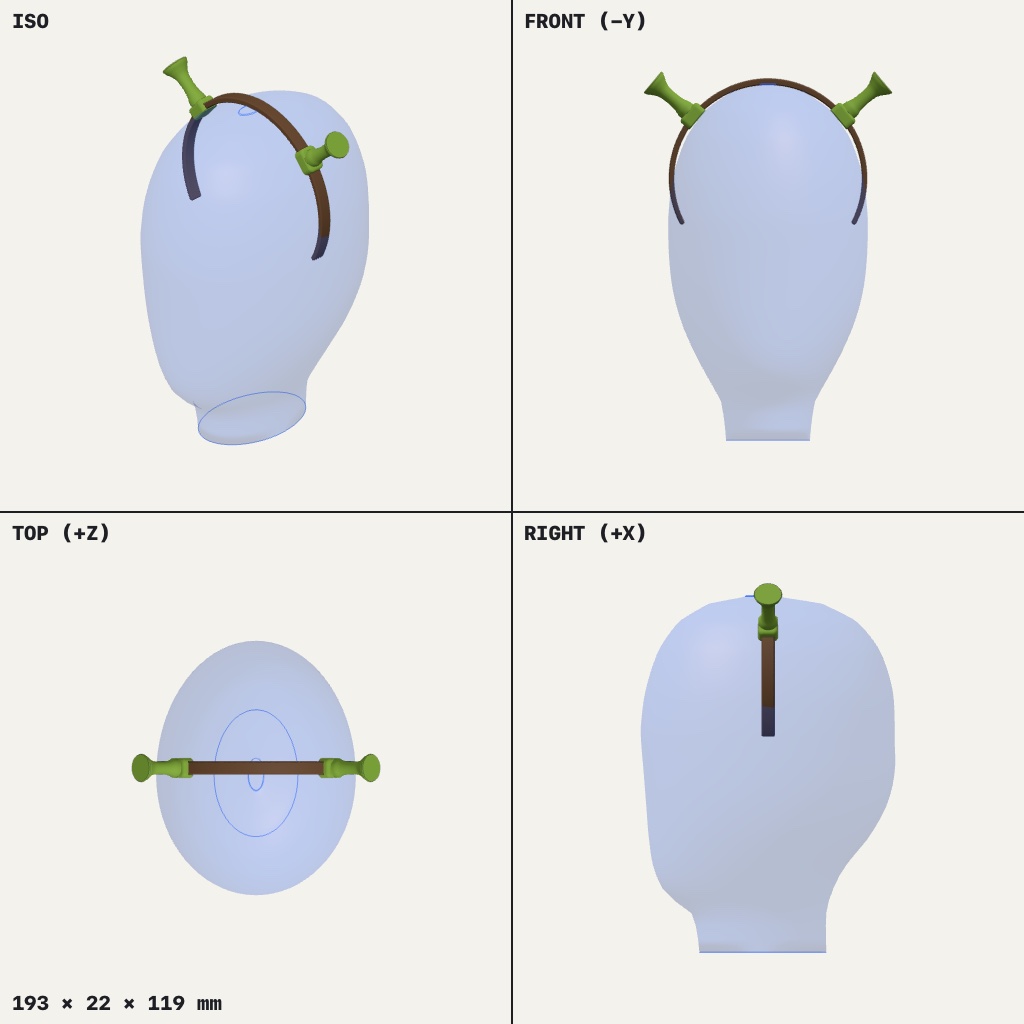Thin curved headband with a trumpet-shaped green ear on each side, shown on a head