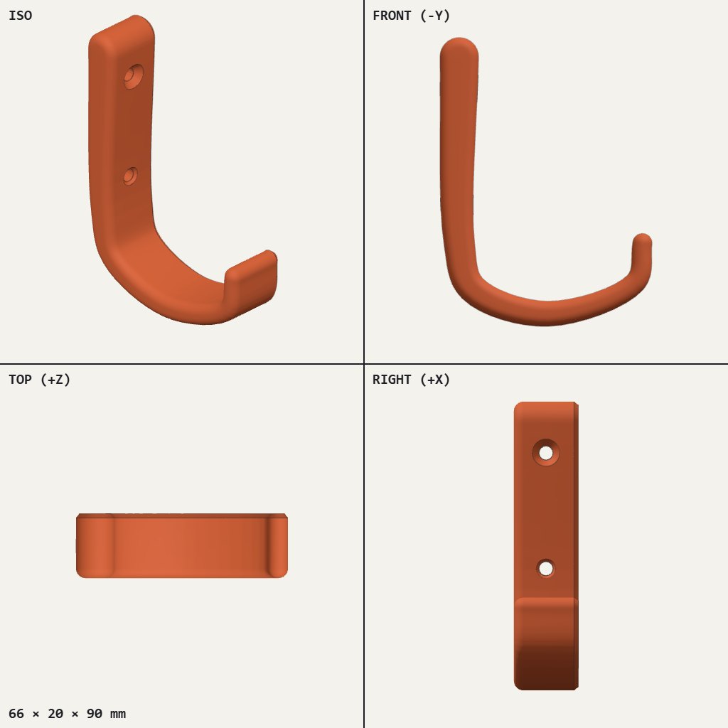Orange wall hook with a tall flat back plate, two screw holes and a deep curve ending in a small lip
