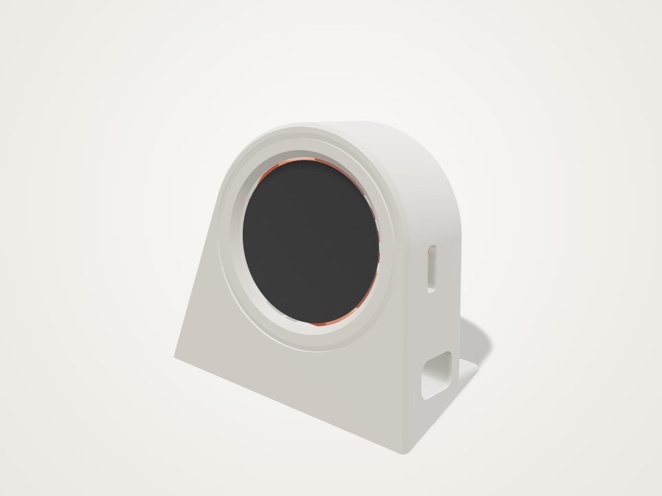 White tilted case with a round window holding a dark round display, with small slots in the side