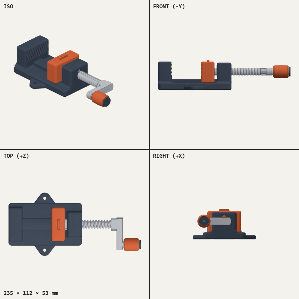 Small bench vise with a sliding orange jaw, threaded rod and a bent crank handle
