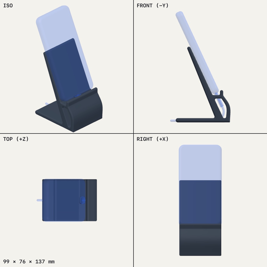 Slanted phone stand with a low base, a tall backrest and a cable slot, holding a phone