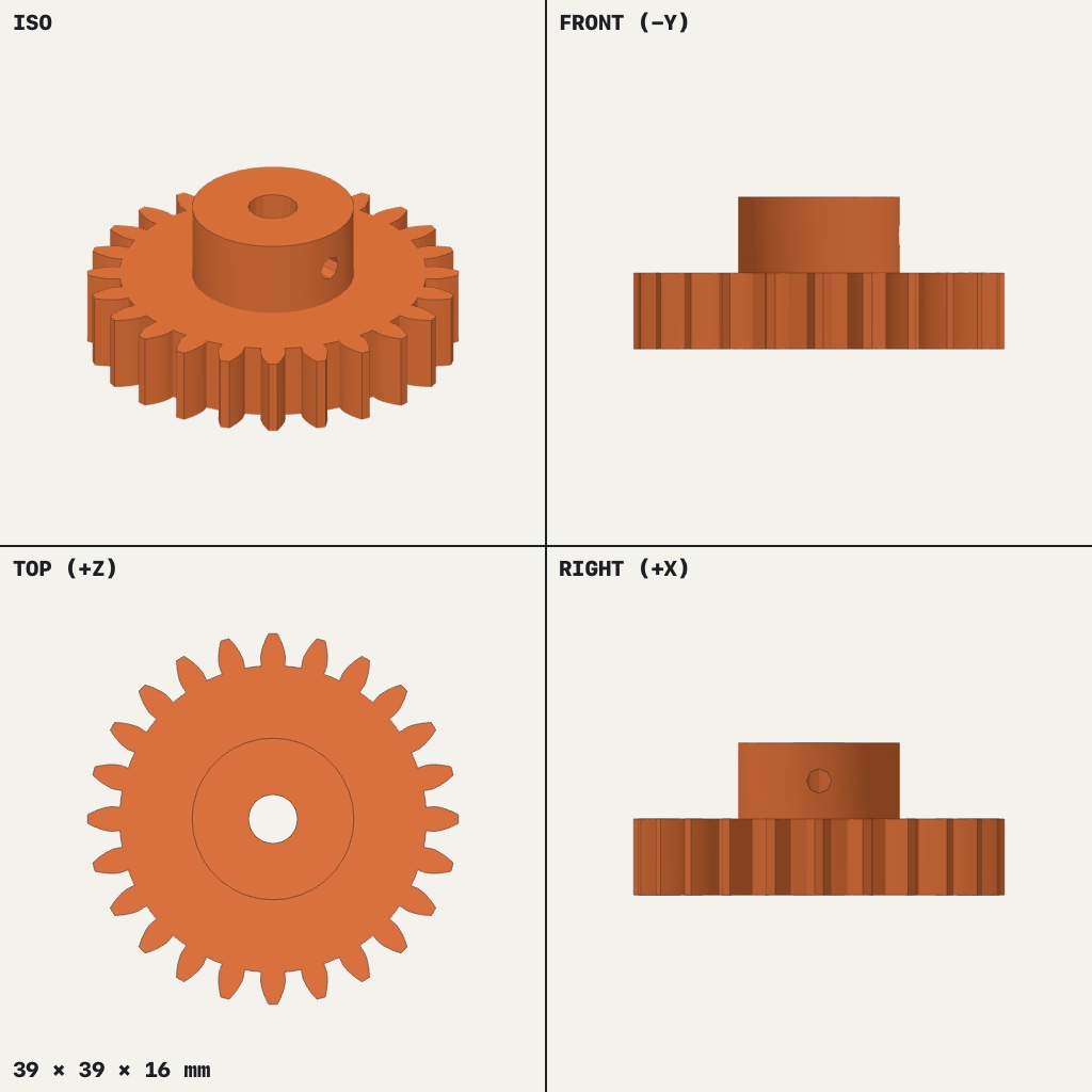 Round toothed gear with a raised center hub, a shaft hole and a small side hole in the hub