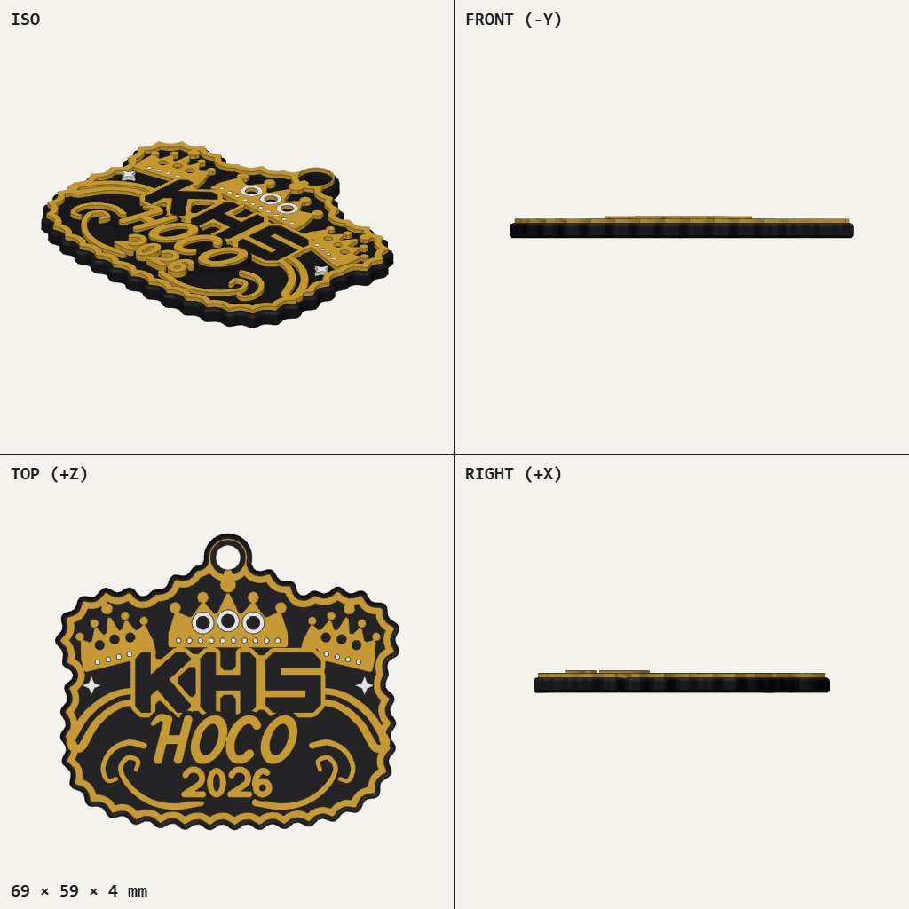 Dark scalloped keychain badge with raised gold crowns, swirls and KHS HOCO 2026 lettering