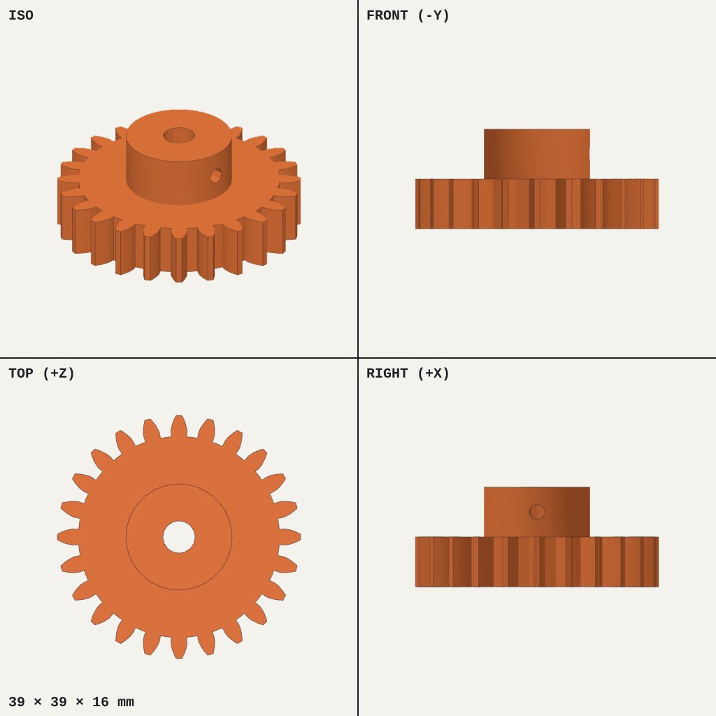 Round toothed gear with a raised central hub, a shaft hole and a small side hole in the hub