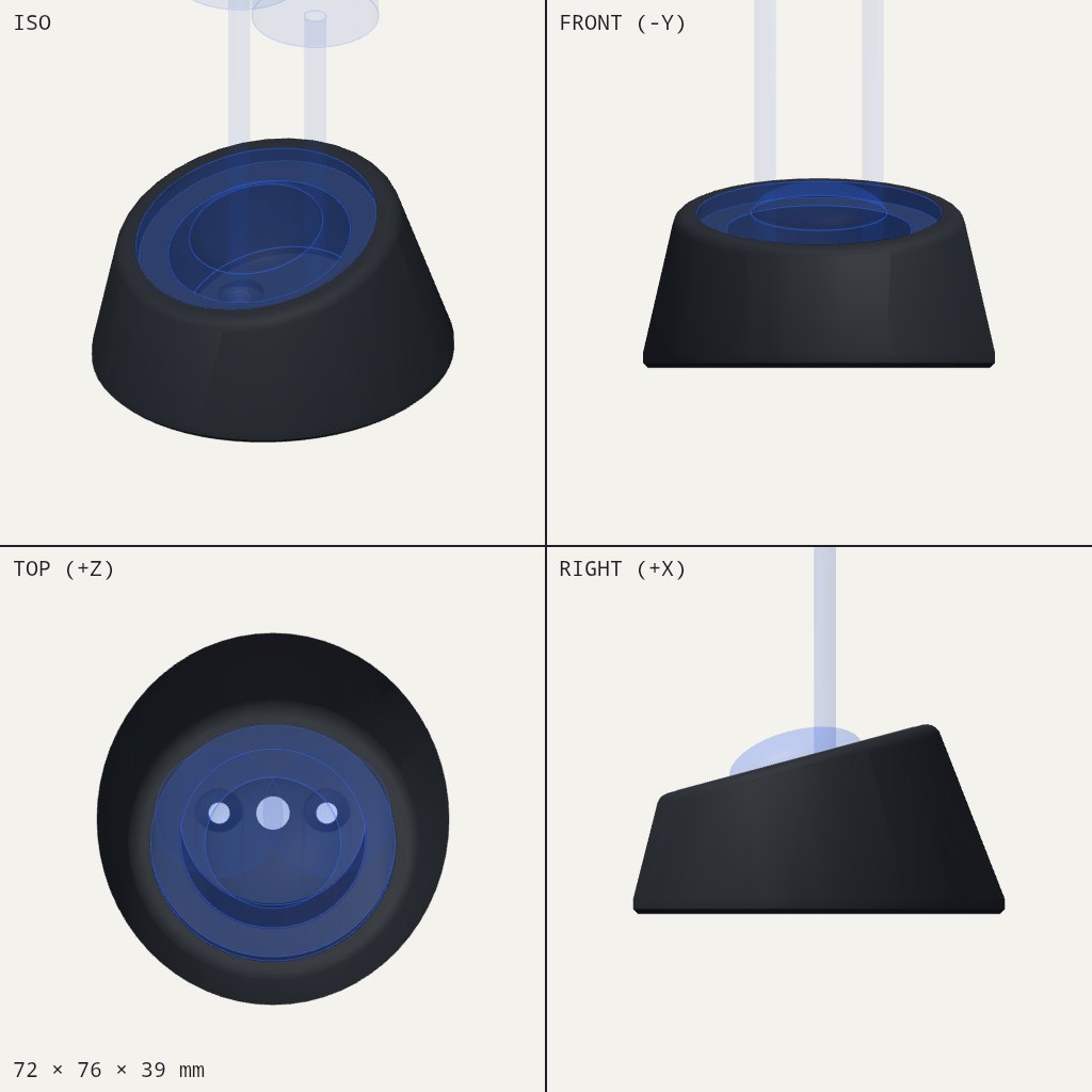 Dark tapered pod with an angled top and a round recess for a tweeter