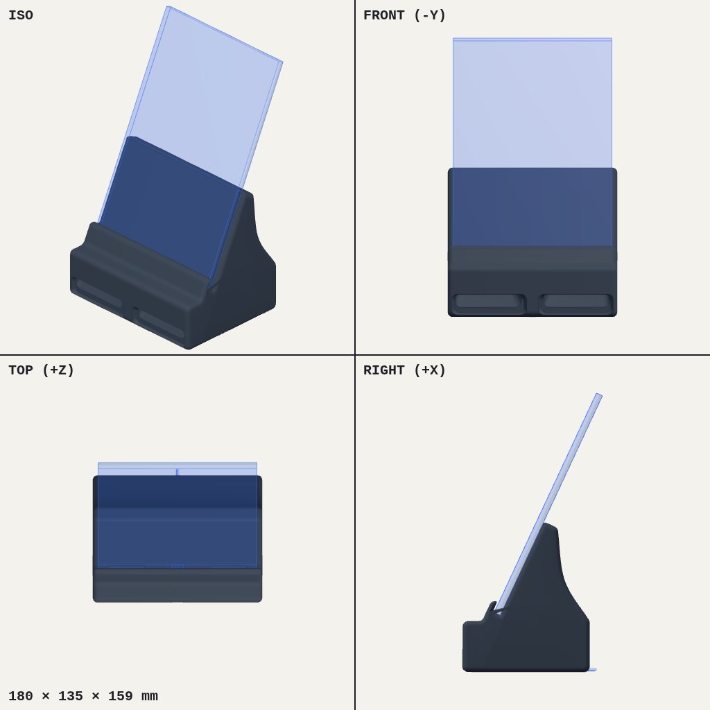 Dark wedge-shaped dock holding a tablet upright at a lean, with two slots along the front