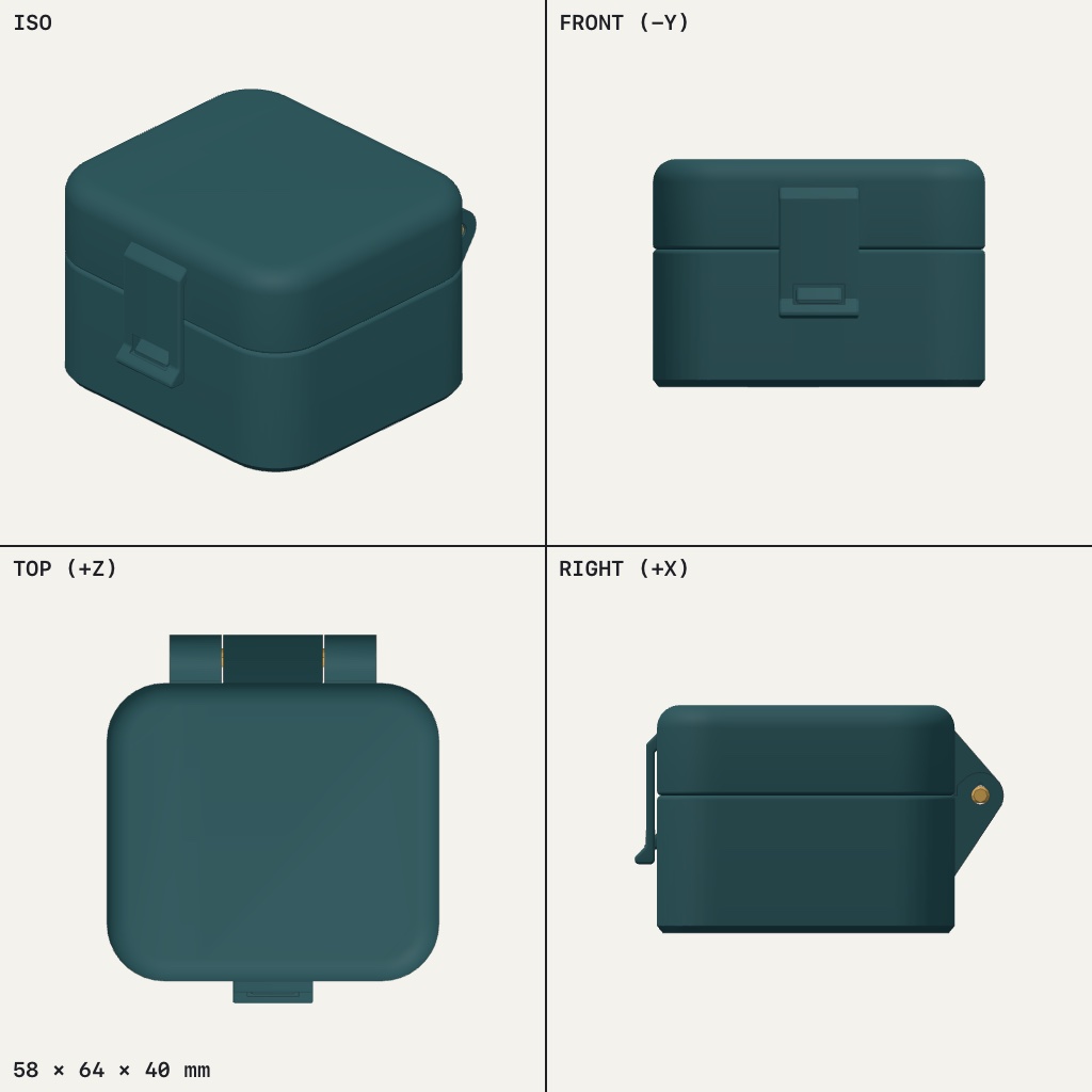 Rounded square box in dark teal with a hinged lid, a front latch tab and a brass hinge pin at the back
