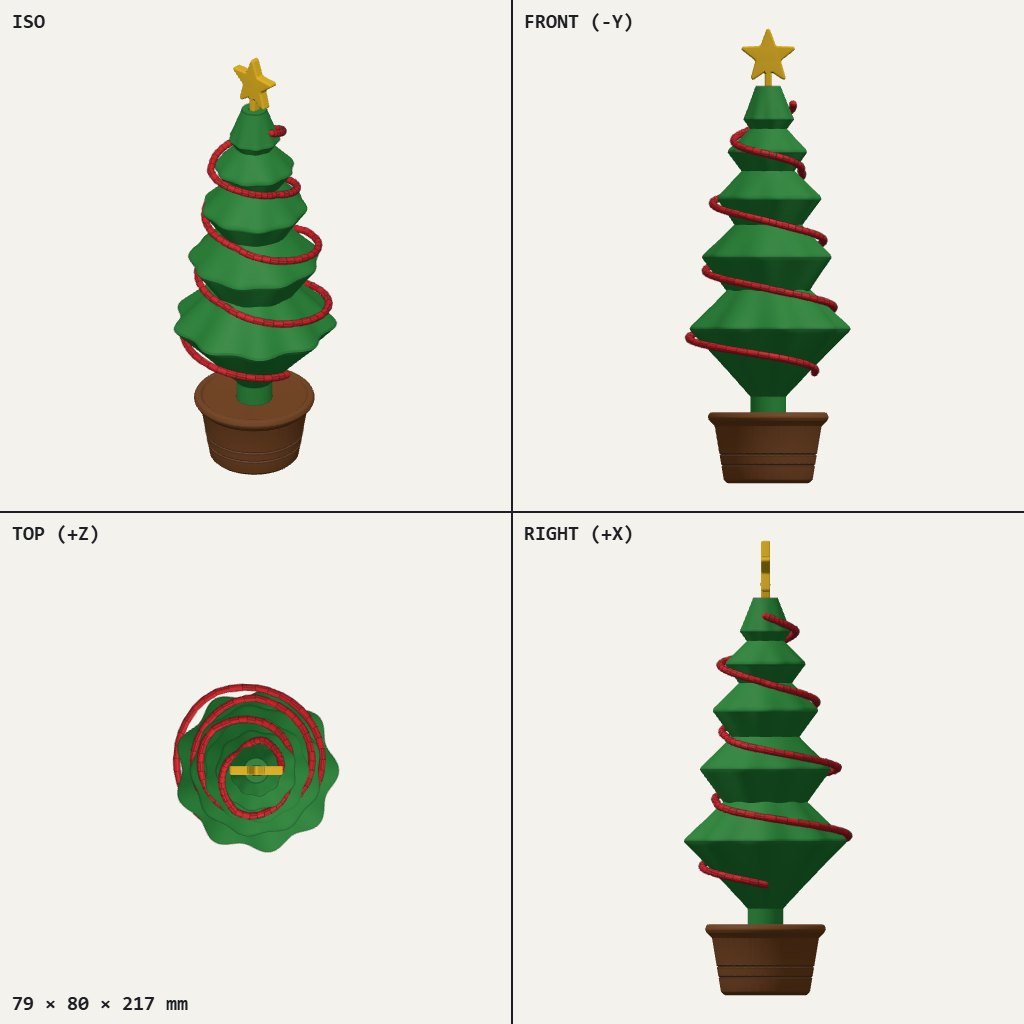 Green tiered Christmas tree in a brown pot with a gold star on top and red tinsel spiraling around it