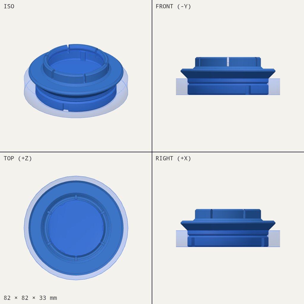 Round stepped adapter with a wide flared flange and a slotted ring on top