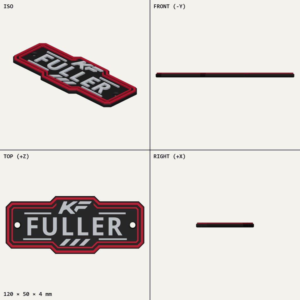 Flat badge with raised grey FULLER letters and a KF mark on a dark panel with a red border and two screw holes