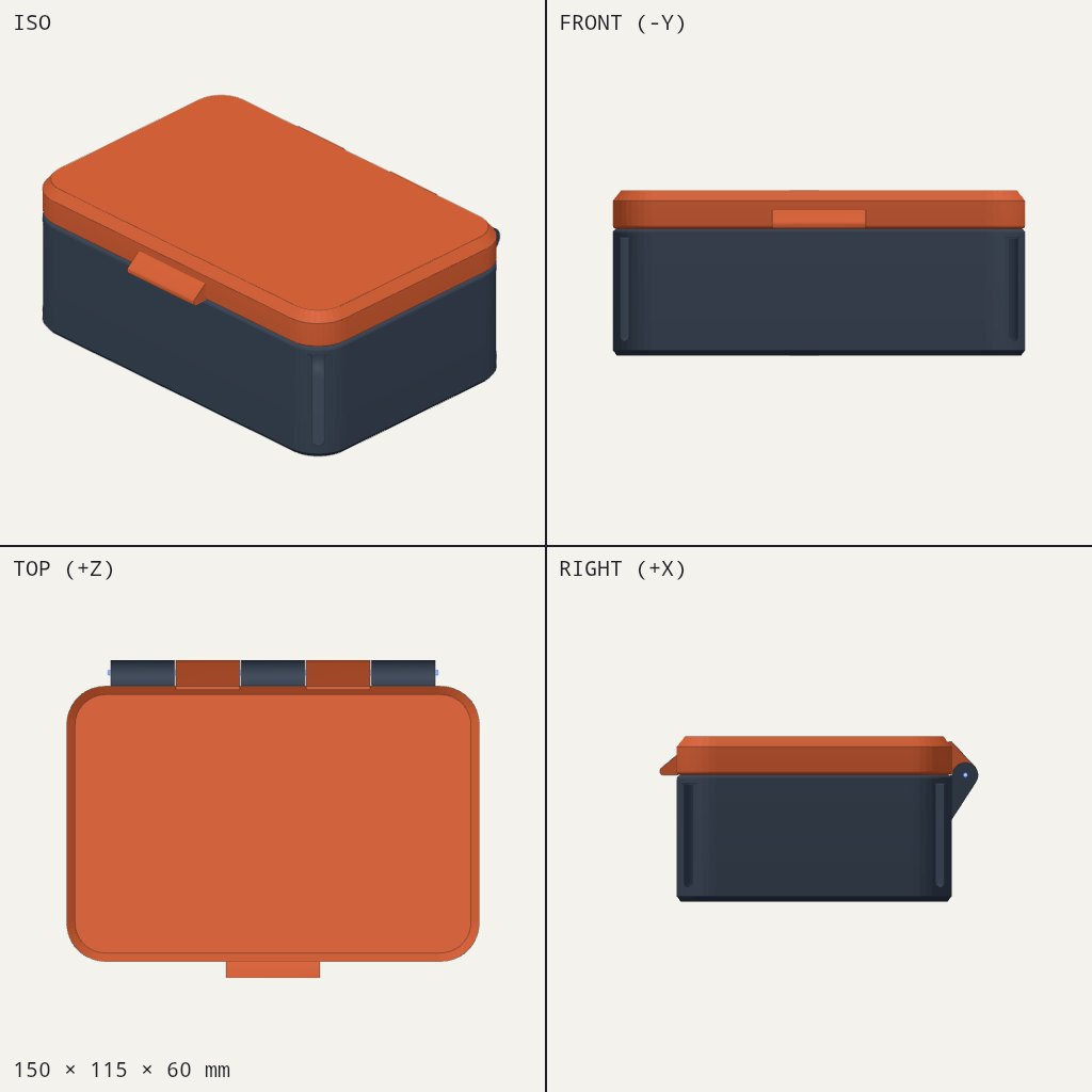 Rounded rectangular box with a dark base and orange hinged lid, with a small tab at the front