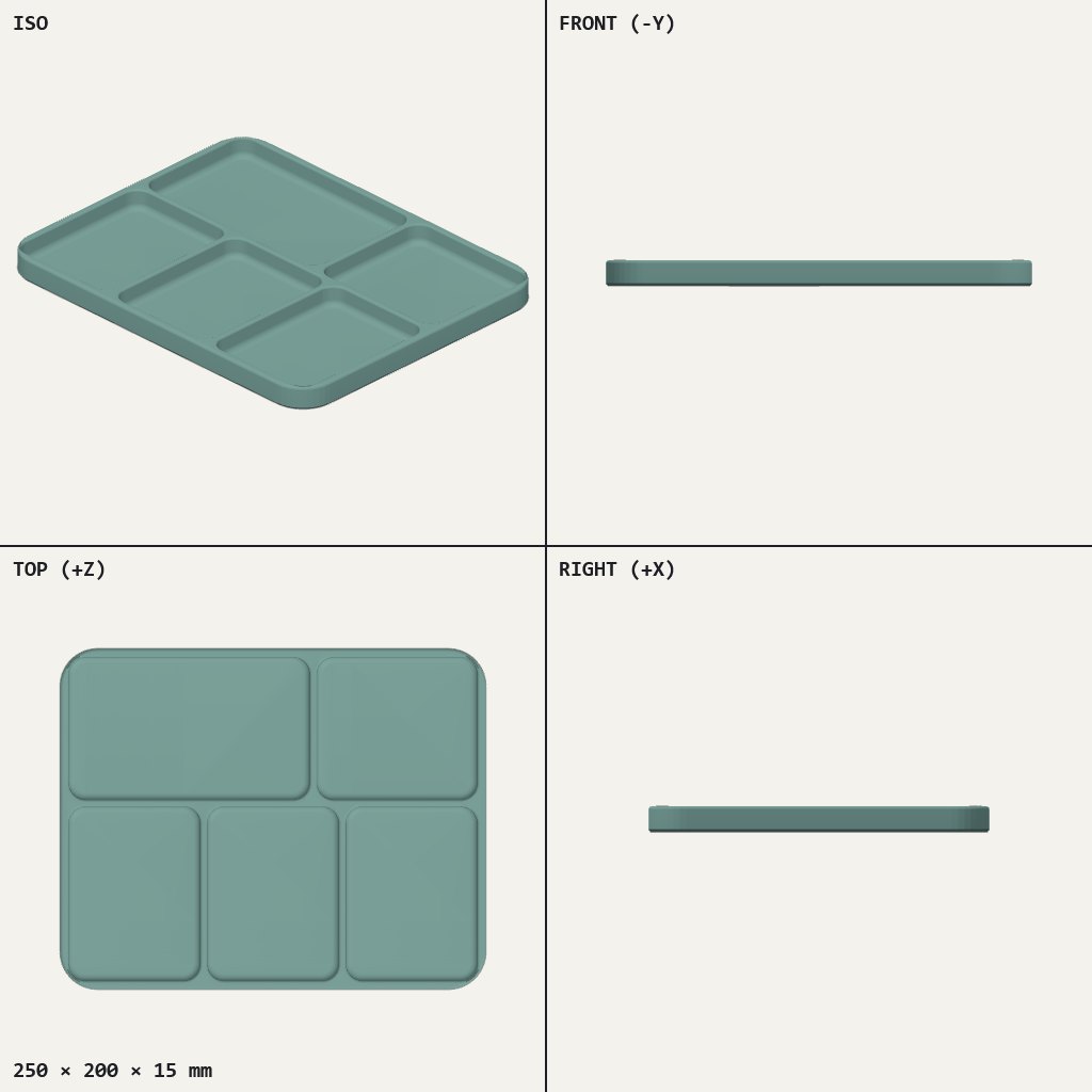 Flat rectangular tray with rounded corners divided into five shallow compartments
