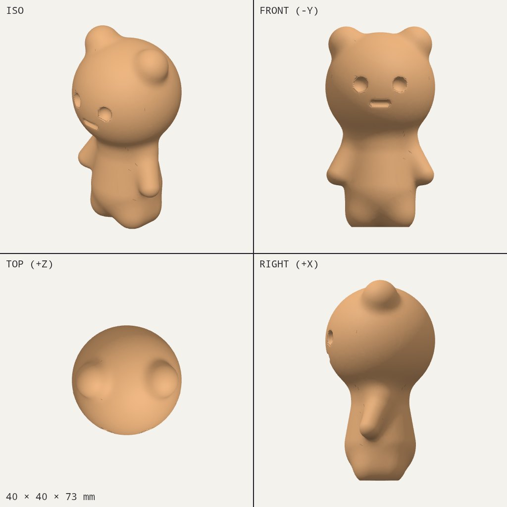 Small round-headed figurine with two ears, dot eyes, a short mouth and stubby arms