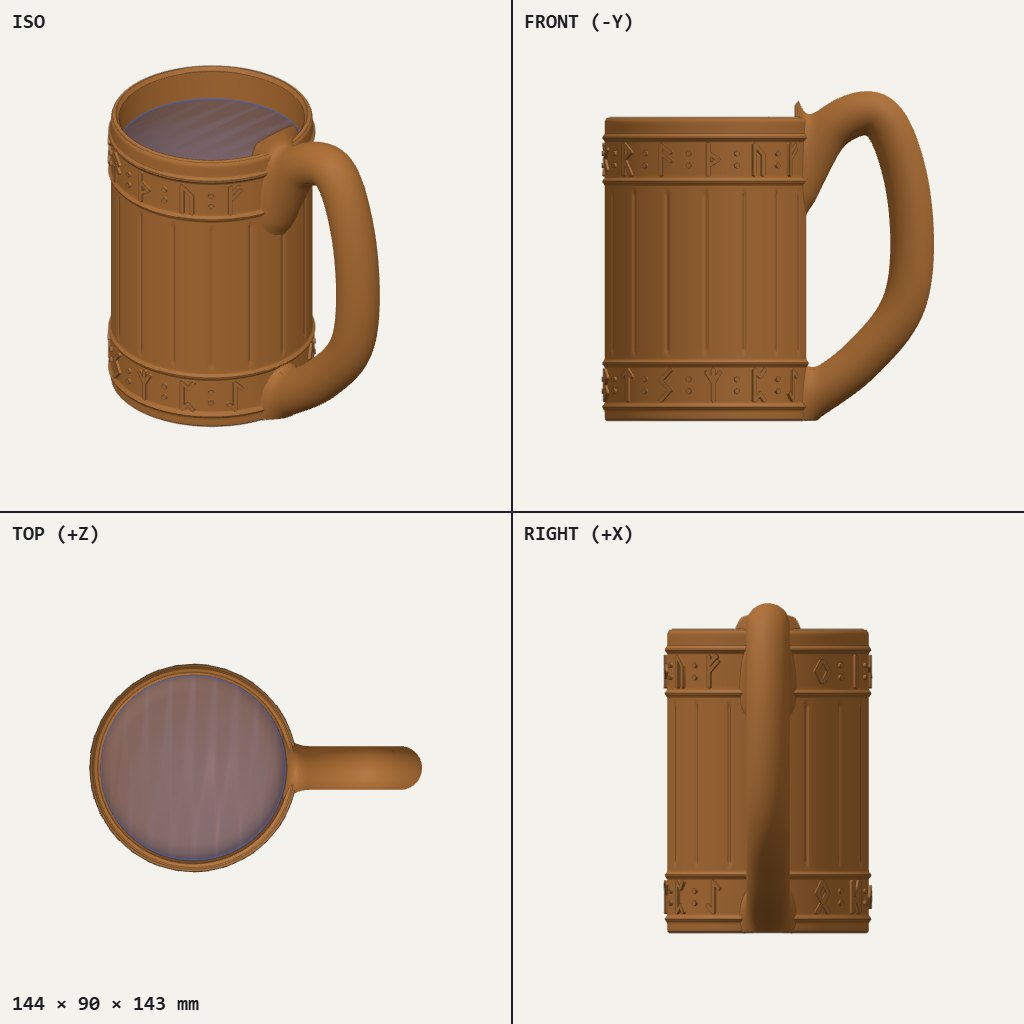 Wooden-style tankard with rune bands around the top and bottom and a large loop handle