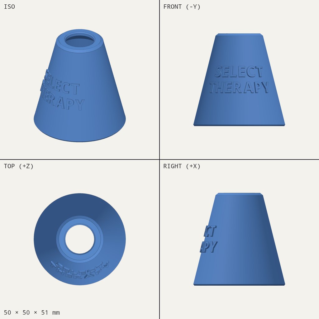 Blue cone with a round hole in the top and raised Select Therapy lettering on its side