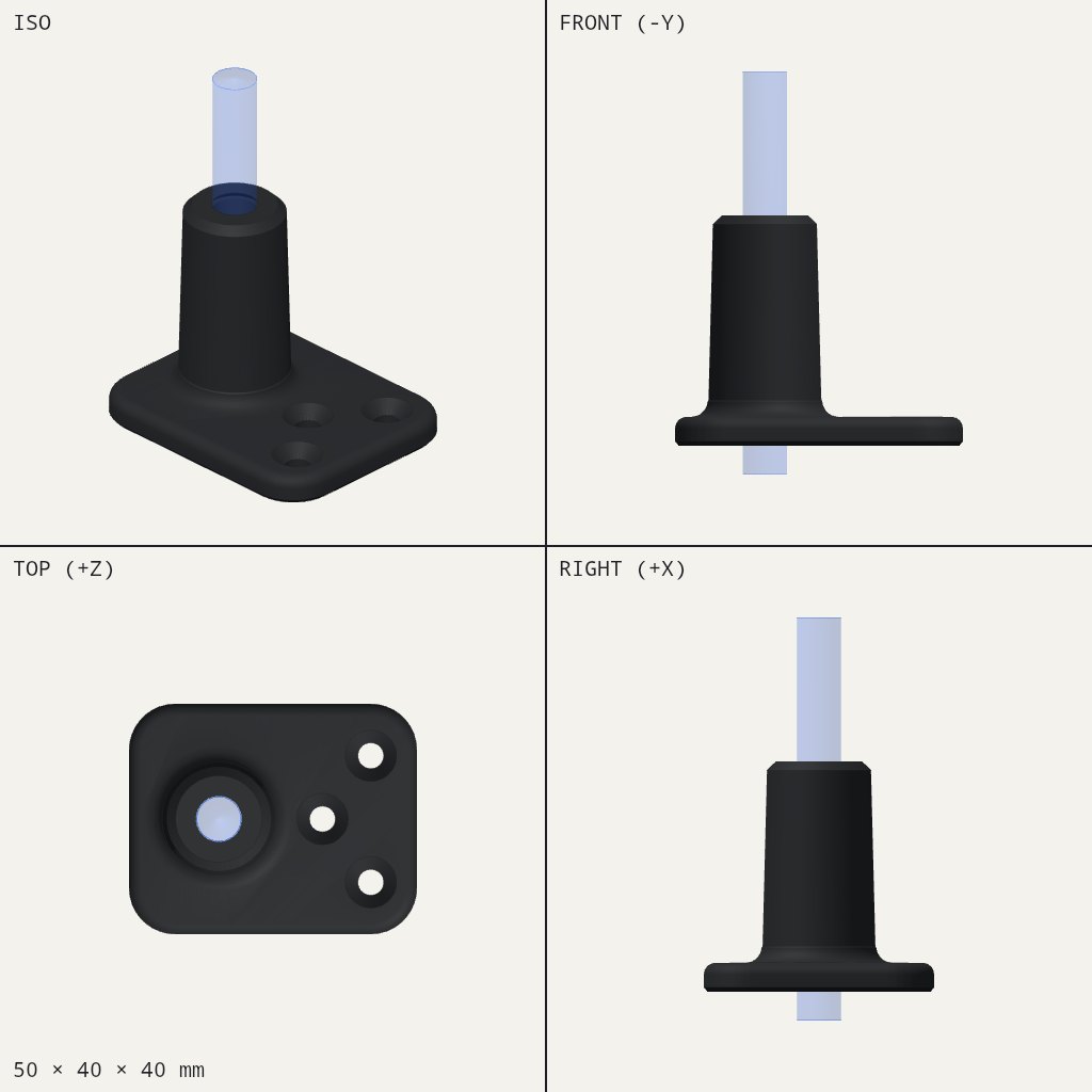 Black rectangular plate with three screw holes and a tapered round tower holding a rod