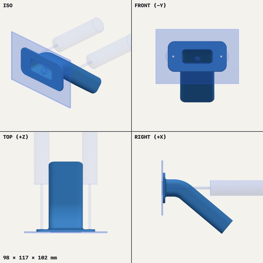 Blue rectangular chute with a screw flange at one end, bending down into a slanted slide