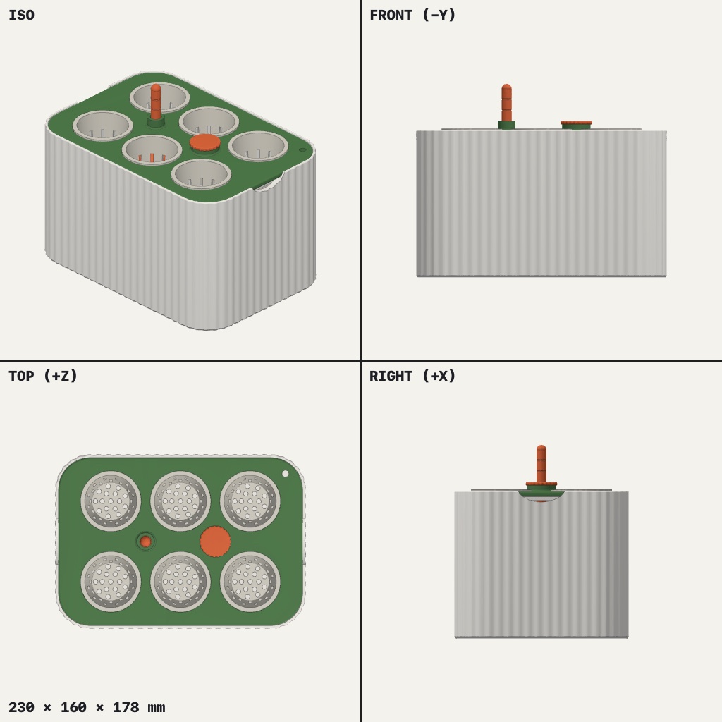 Rounded tank with a green lid holding six round cups, a small round cap and a short post