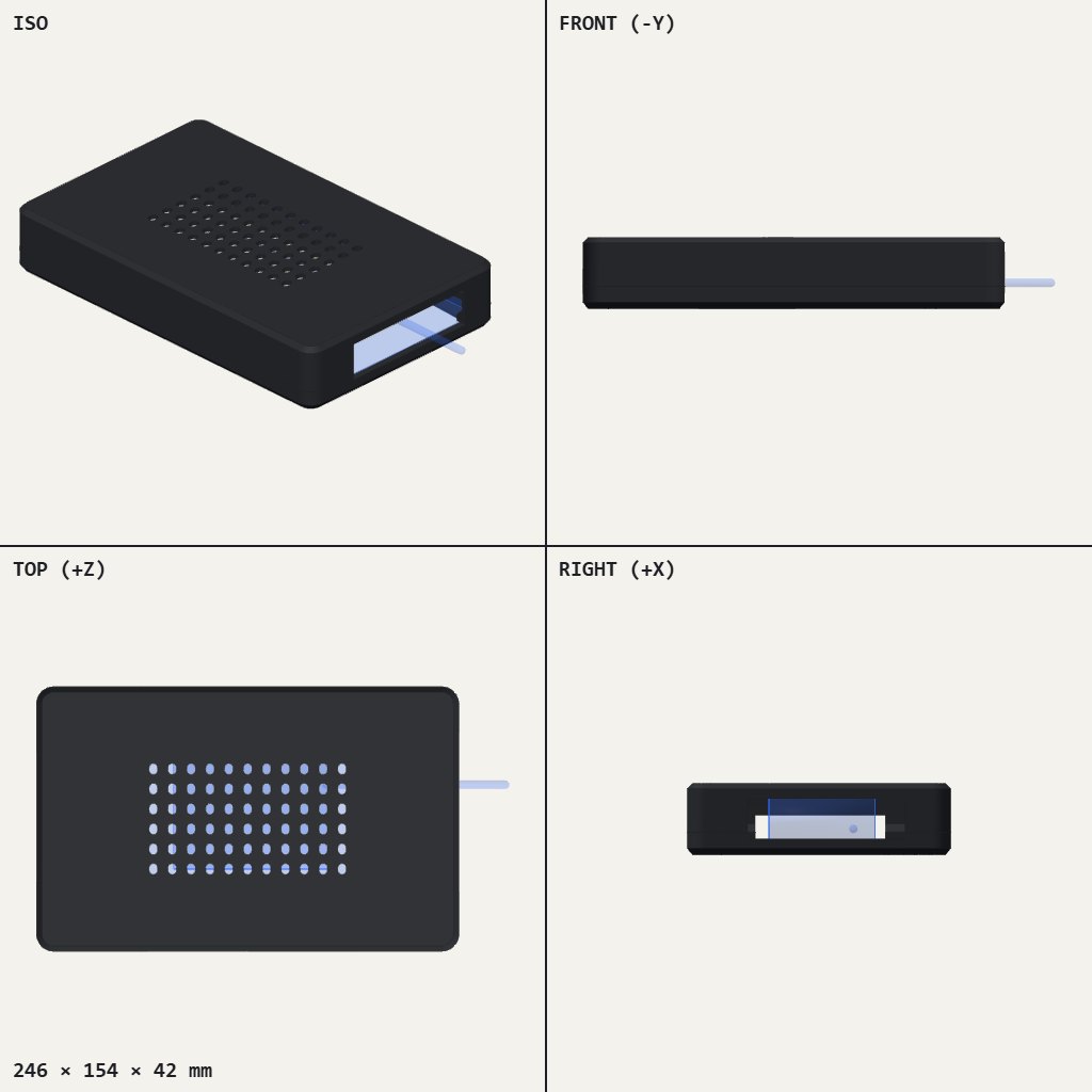 Flat dark rectangular case with a grid of small vent holes on top and an open slot at one end
