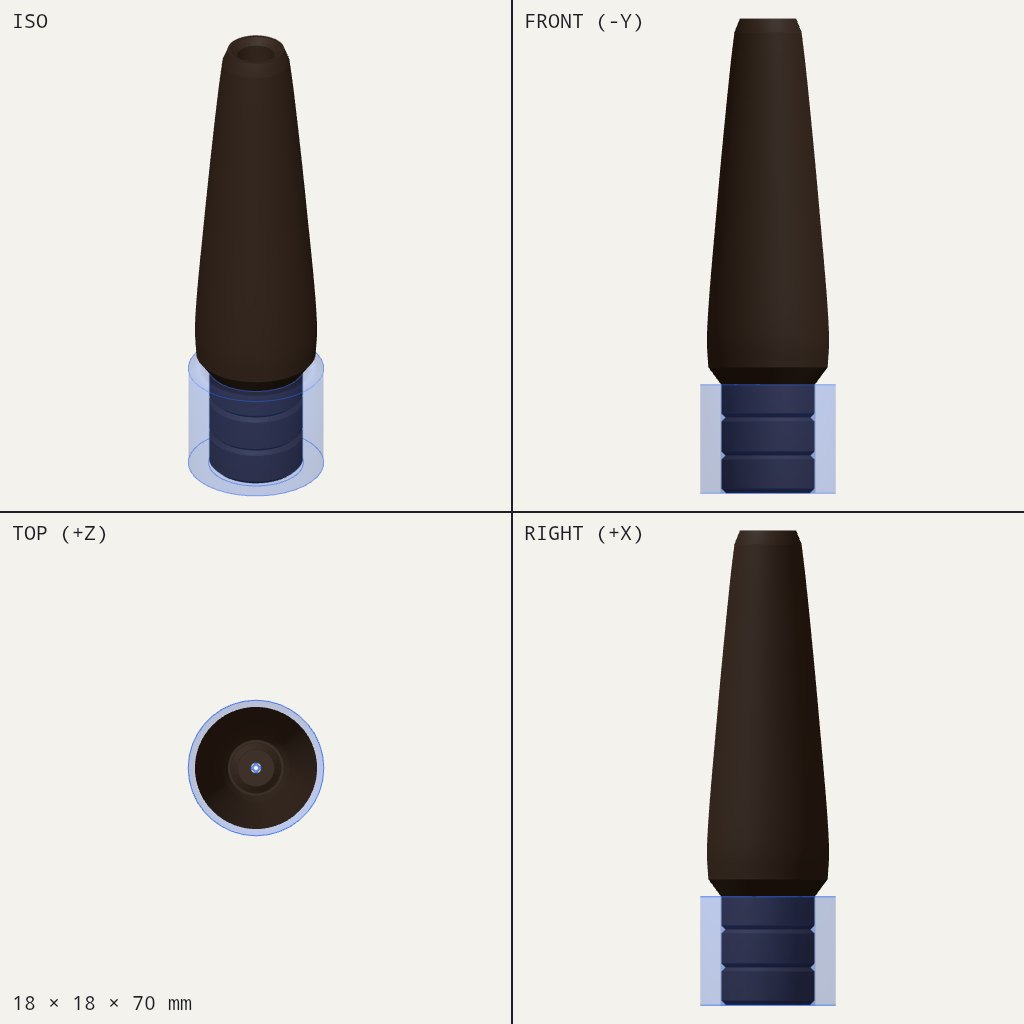 Slim tapered brown pipe with three ridged rings at the base and a small opening at the top