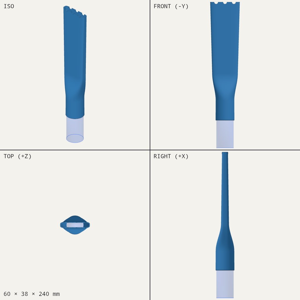 Long blue nozzle, round at one end and flattening to a wide thin tip with small notches