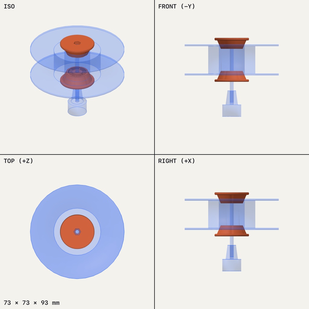 Two orange cones clamping a clear spool on a bolt, with a small round base below