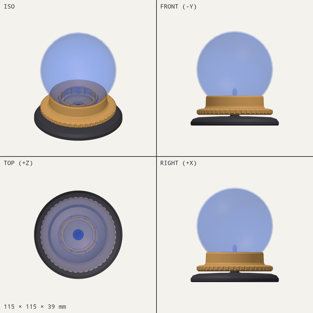 Clear blue glass globe on a wooden-toned ring with a tea light cup, resting on a flat dark base