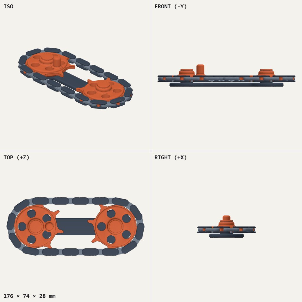 Two orange toothed wheels joined by a loop of dark grey chain links on a flat base