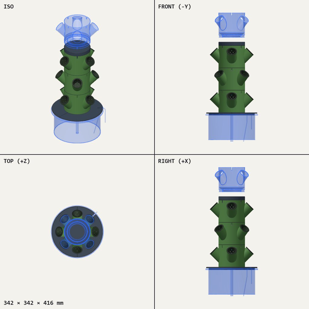 Tall green tower of stacked modules with angled planting pockets, standing on a round base over a bucket