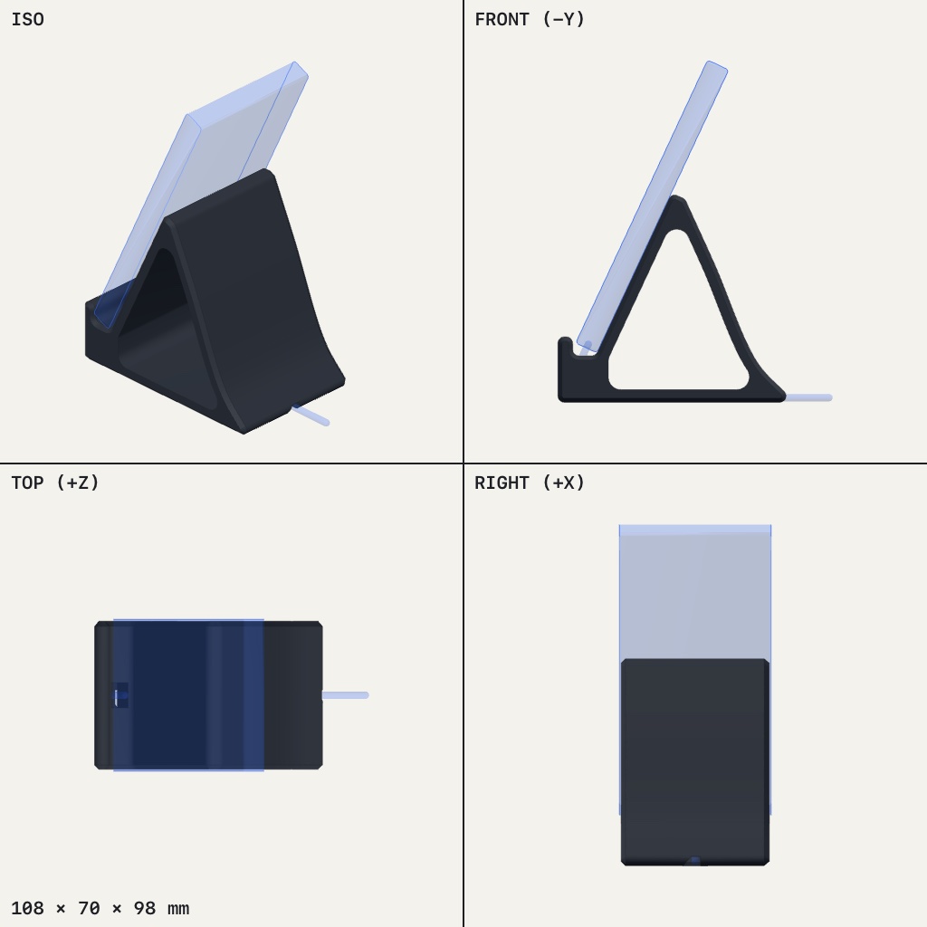 Dark triangular phone stand with a low front lip and a phone leaning back on it