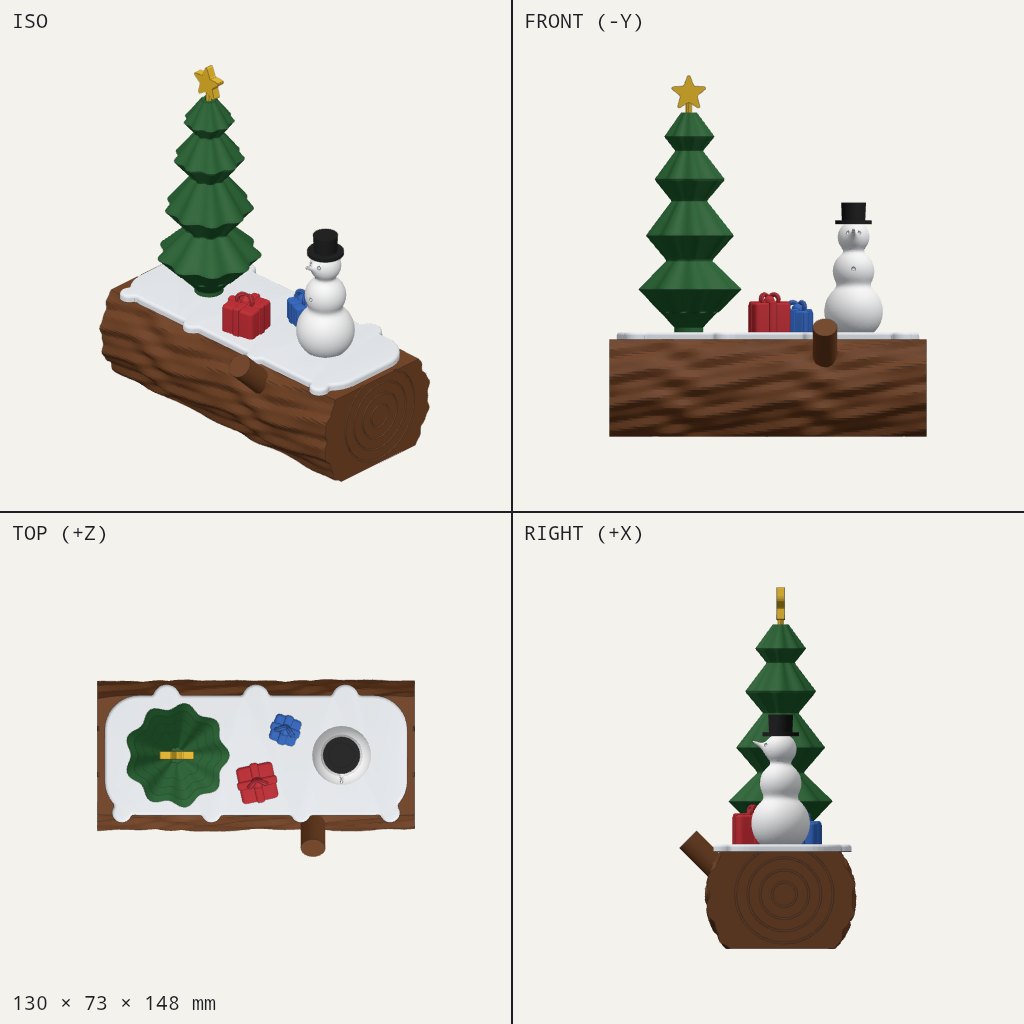 Snow-topped log holding a green tree with a gold star, a snowman in a top hat and two small presents