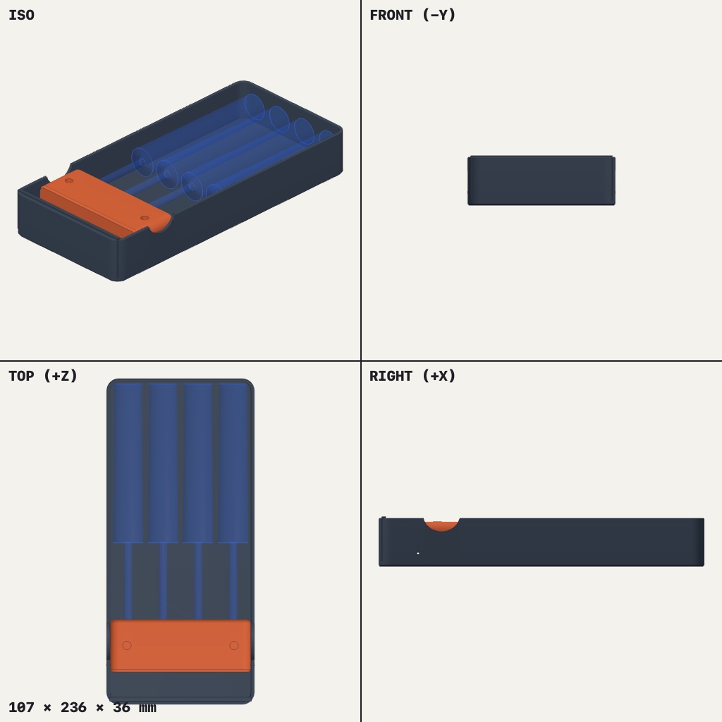 Long shallow dark case holding four screwdrivers side by side, with an orange pivoting block at one end