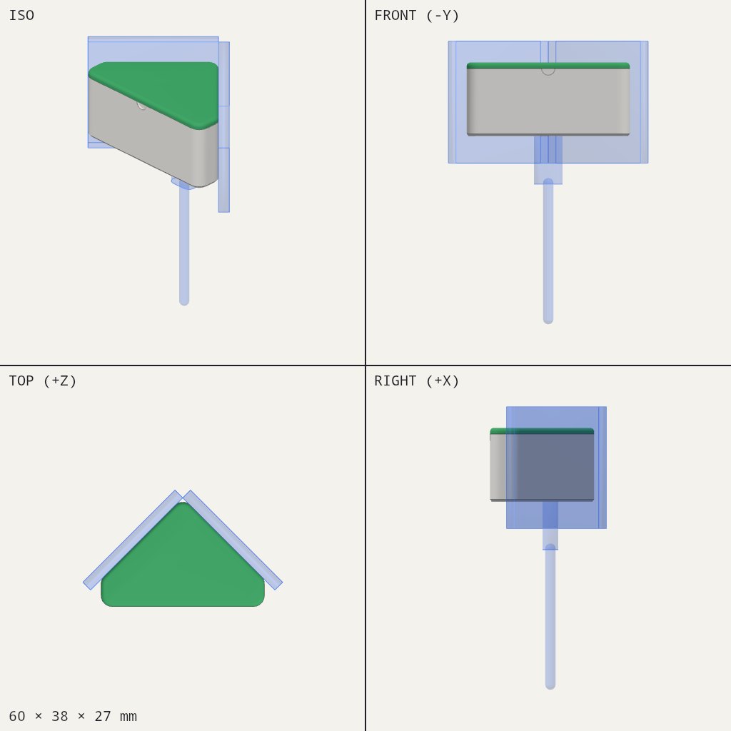 Wedge-shaped box with a green top, sitting in the corner between two flat panels