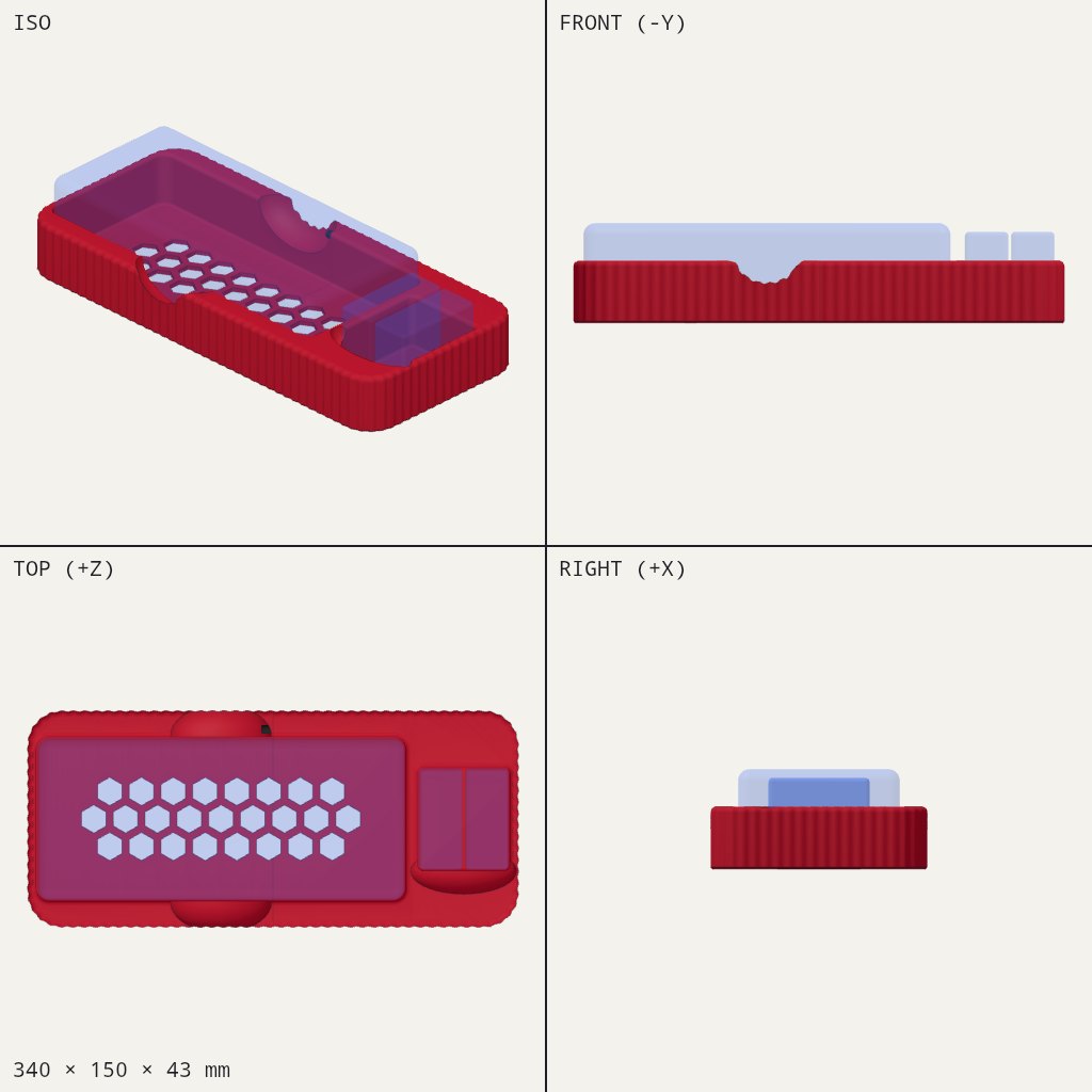 Red rectangular tray with a honeycomb-floored pocket, finger scoops on the long sides and a small side bay